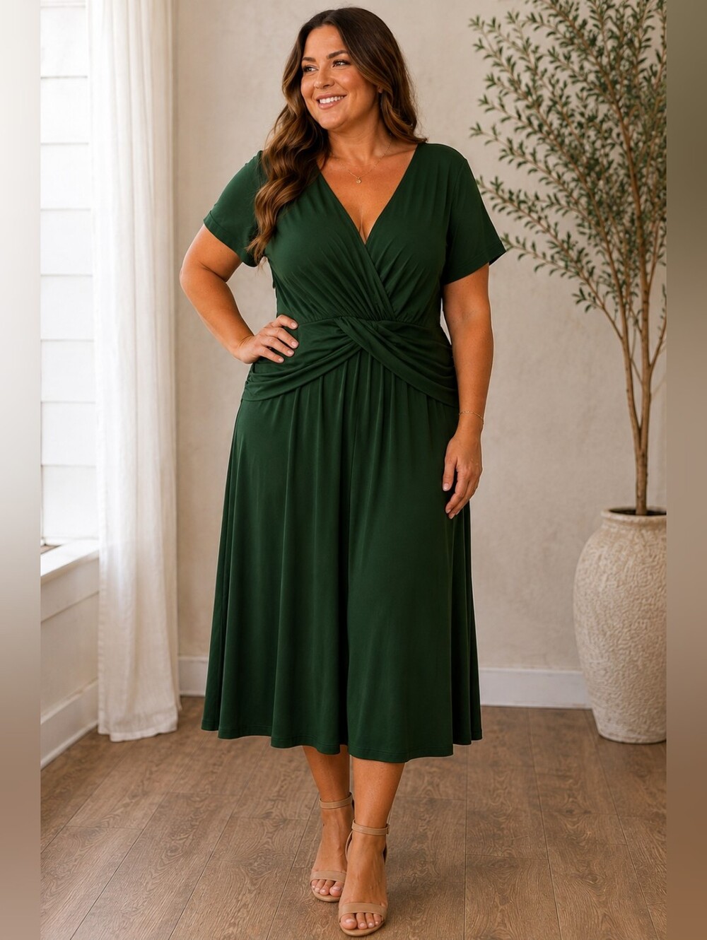 Women’s 2XL Hunter Green Twist Front Surplice V Neck Midi Dress. Never Worn.